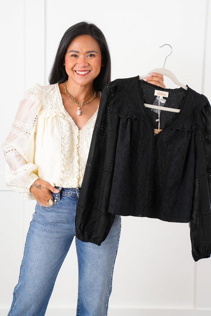 Embroidered Lace Long Sleeve Button Down Blouse