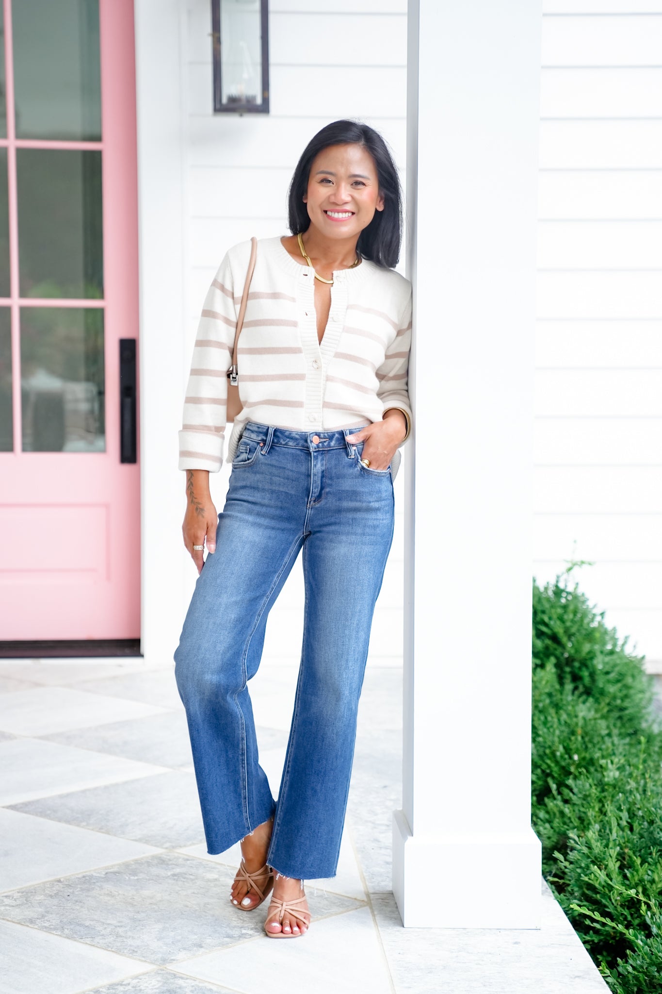 Risen Mid Rise Medium Wash Crop Straight Leg Jeans with Raw Hem