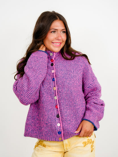 Striped Long Sleeve Mock Neck Sweater Cardigan With Colorful Buttons