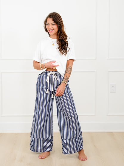 Stripe Linen Elastic Waist Wide Leg Pants