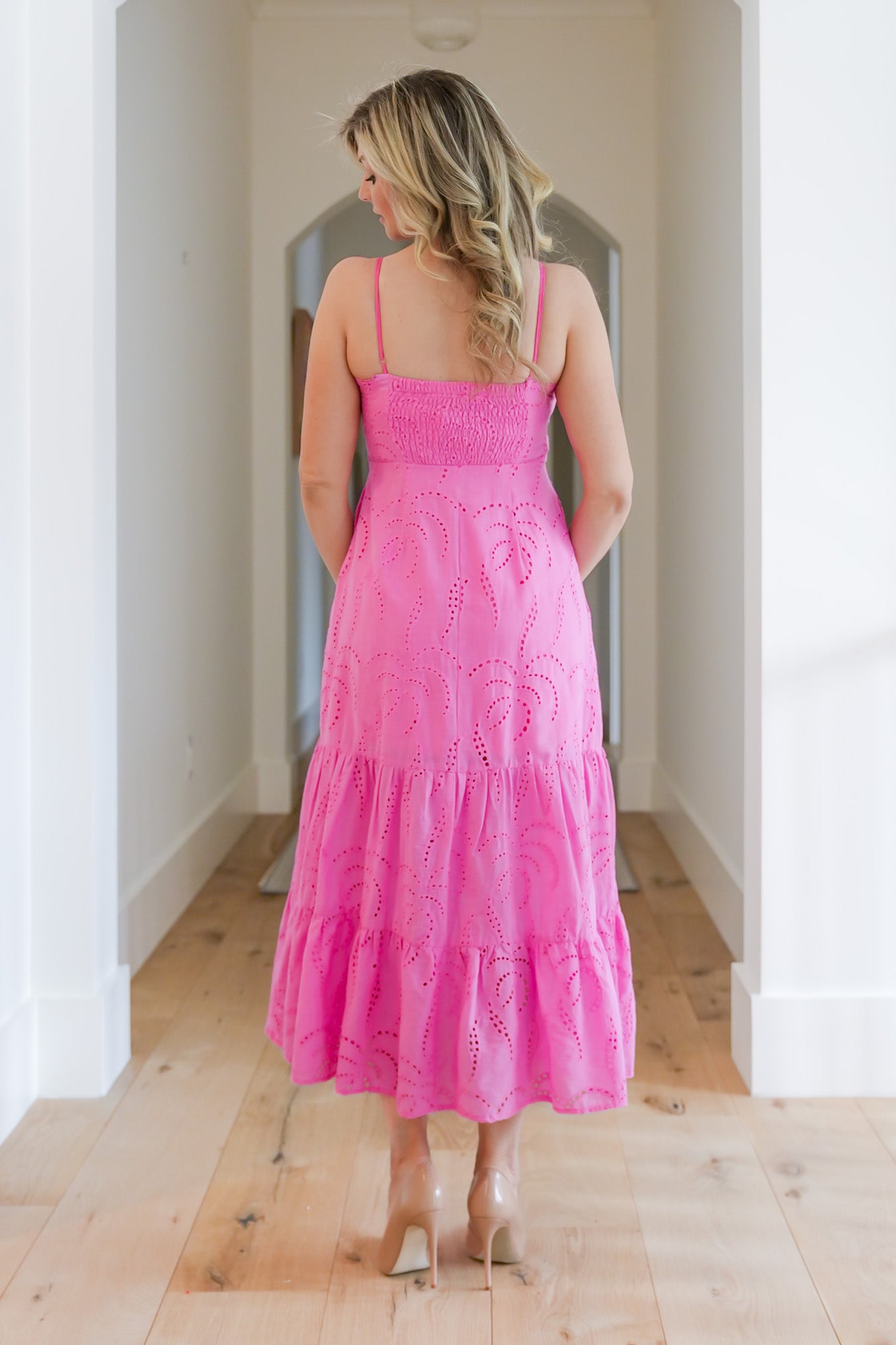 Pink Eyelet Sleeveless Tiered Dress with Side Pockets – Freckled Poppy