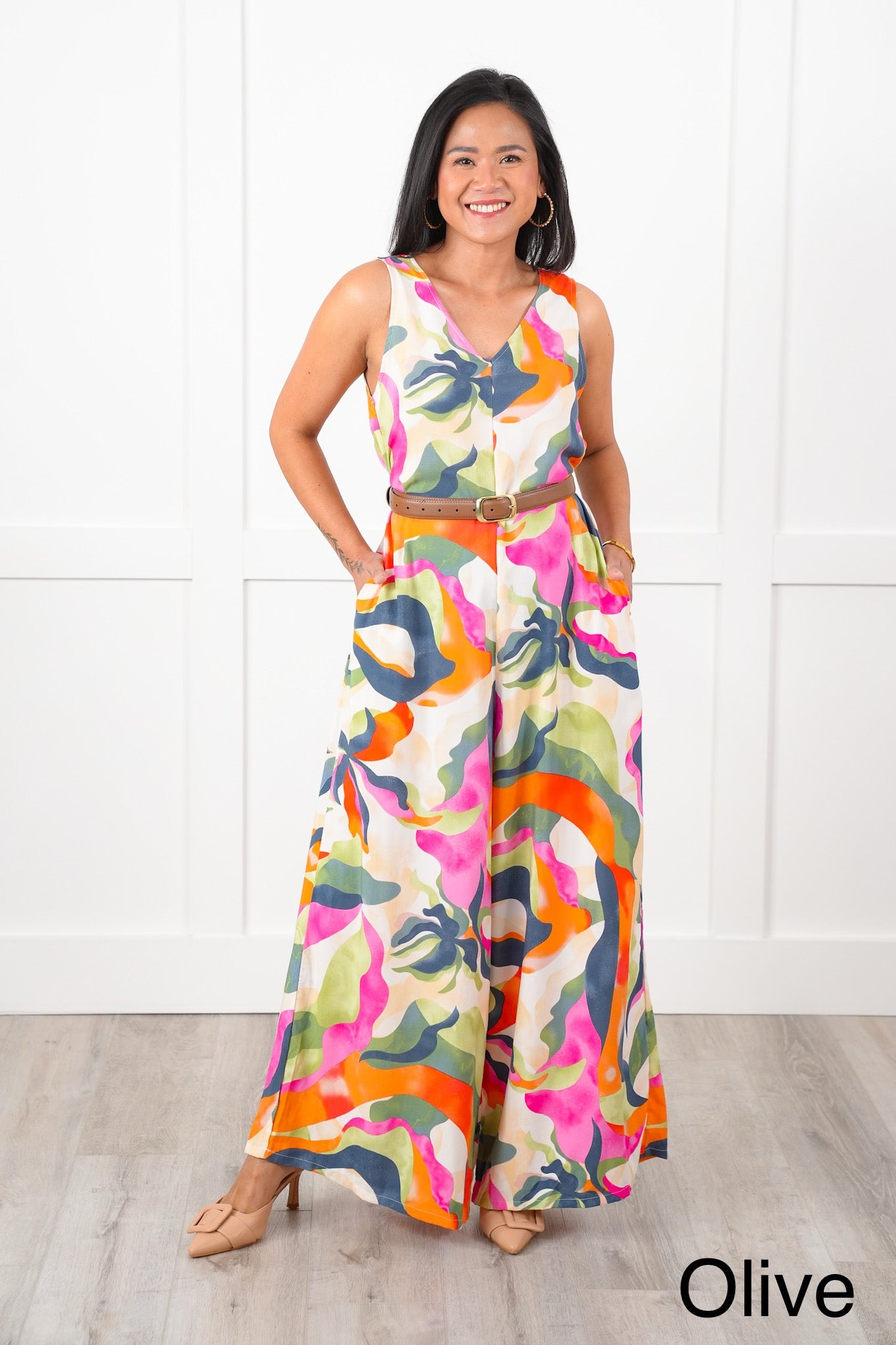 Abstract Print Sleeveless V Neck Wide Leg Jumpsuit