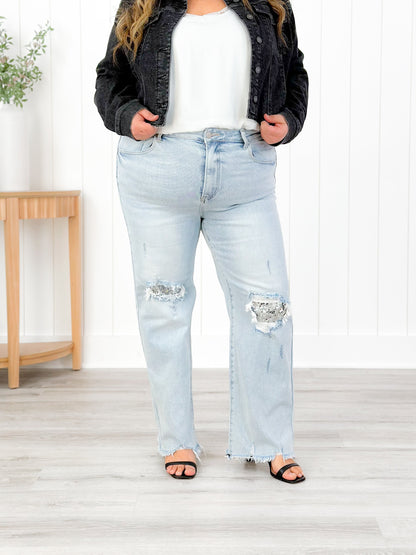 Risen High Rise Acid Wash Sequin Knee Patches Relaxed Straight Leg Jeans