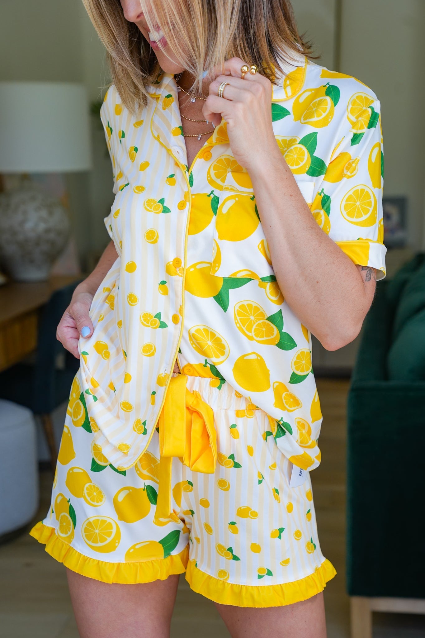 Lemon Print Short Sleeve Button Down Top and Shorts Pajama Set