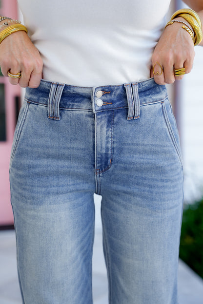 Judy Blue High Rise Light Wash Double Button Wide Leg Jeans