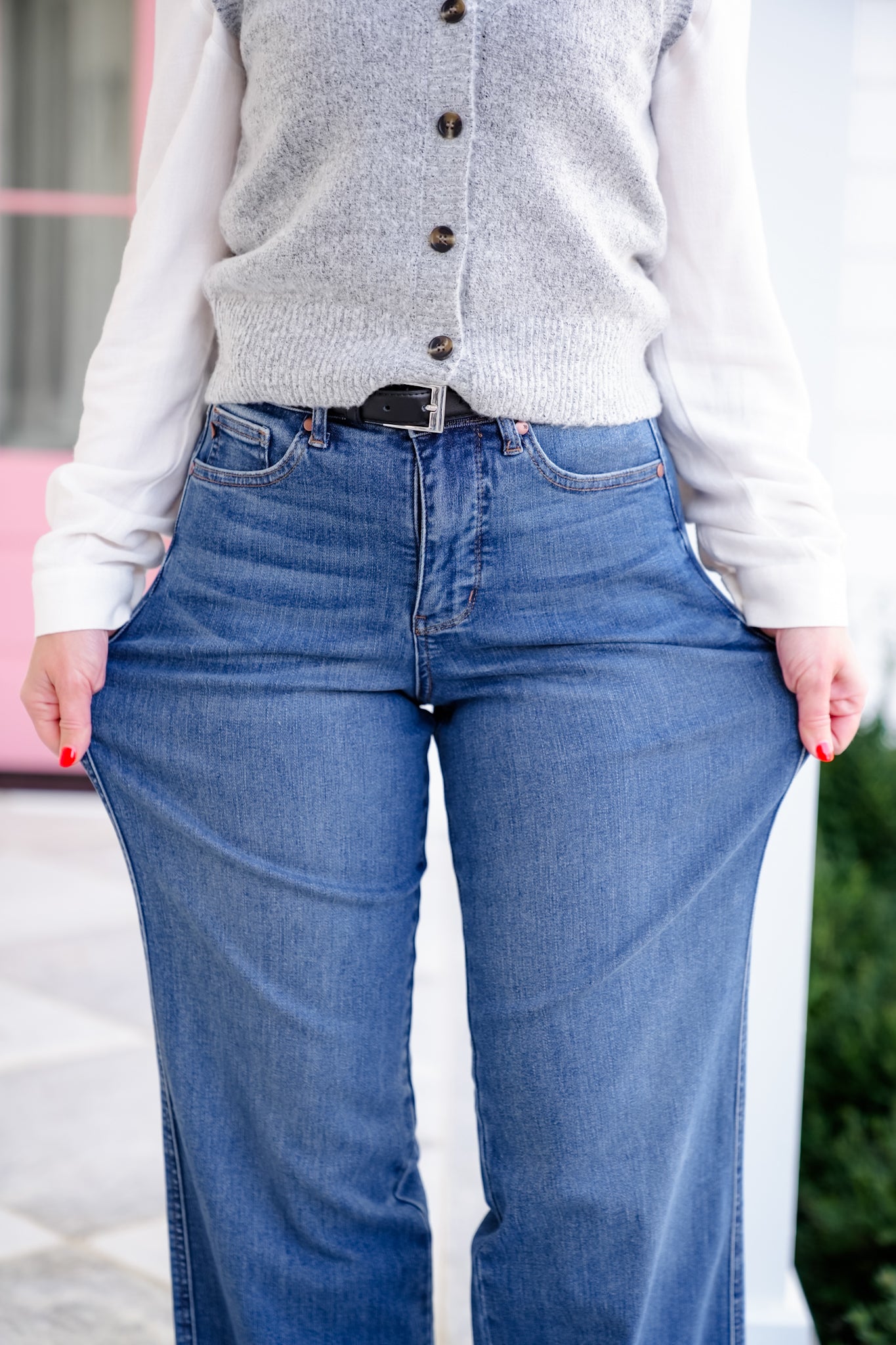 Judy Blue High Rise Medium Wash Tummy Control Chewed Hem Wide Leg Jeans