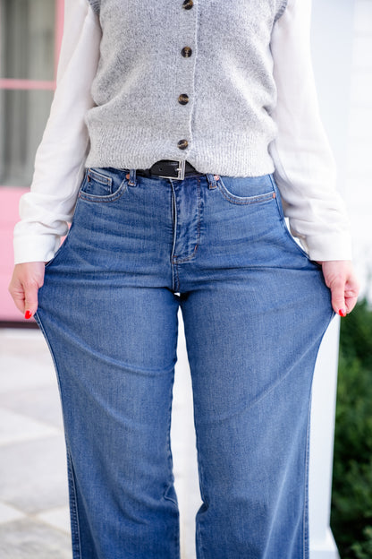 Judy Blue High Rise Medium Wash Tummy Control Chewed Hem Wide Leg Jeans