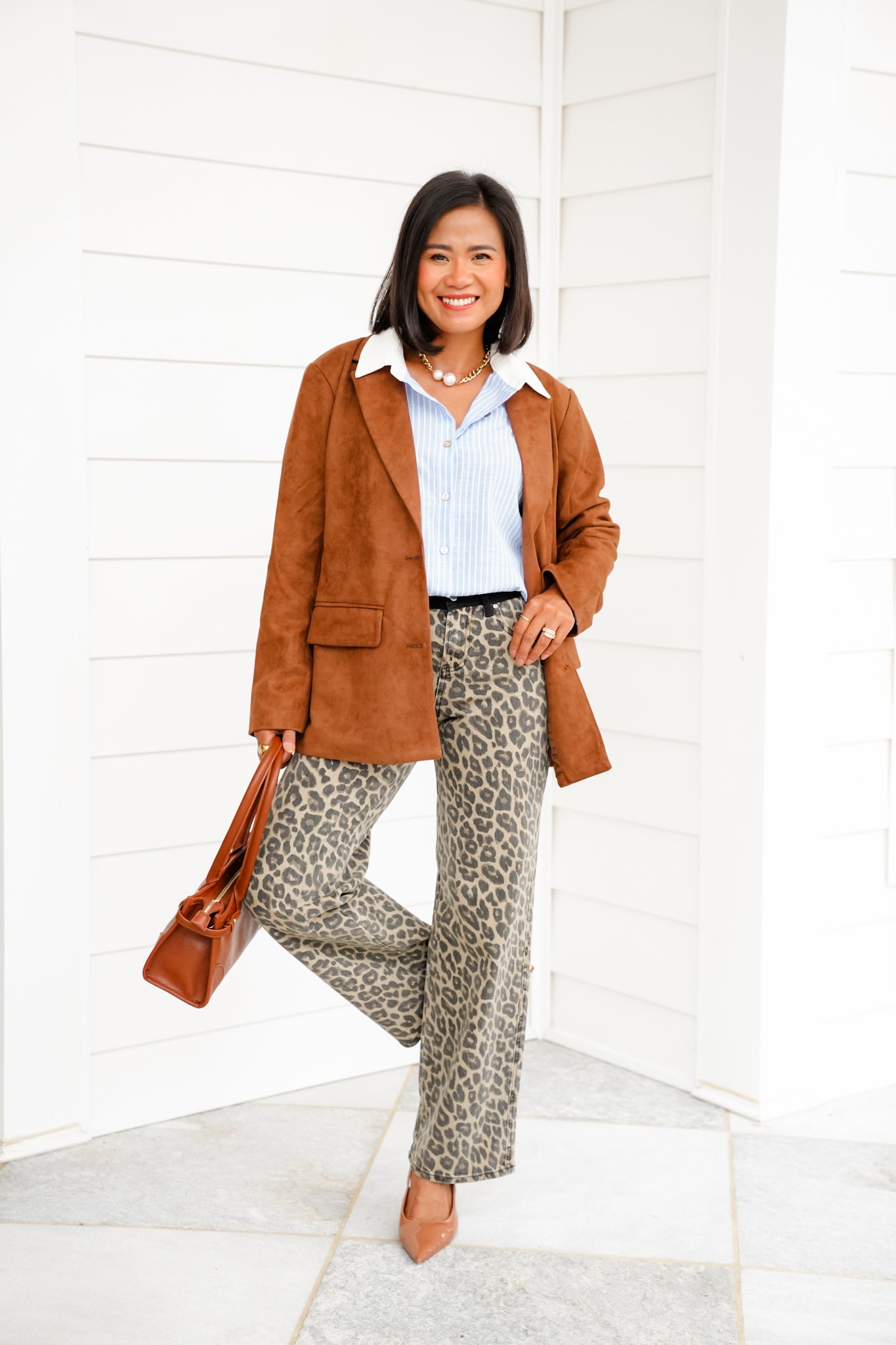 Risen High Rise Leopard Wide Leg Pants with Contrasting Waistband