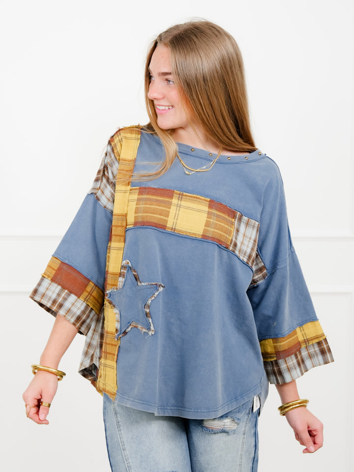 Plaid Mixed 3/4 Sleeve Top with Star Patch
