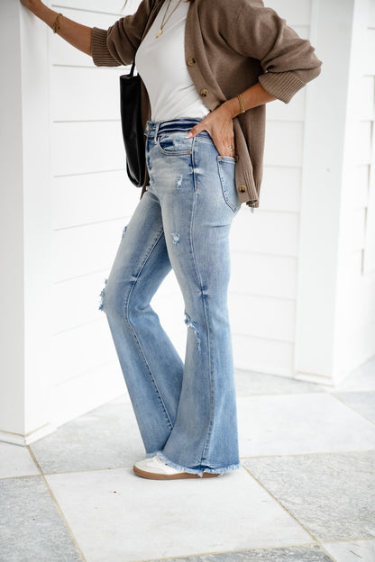 Judy Blue High Rise Light Wash Distressed Flare Jeans with Shield Pockets