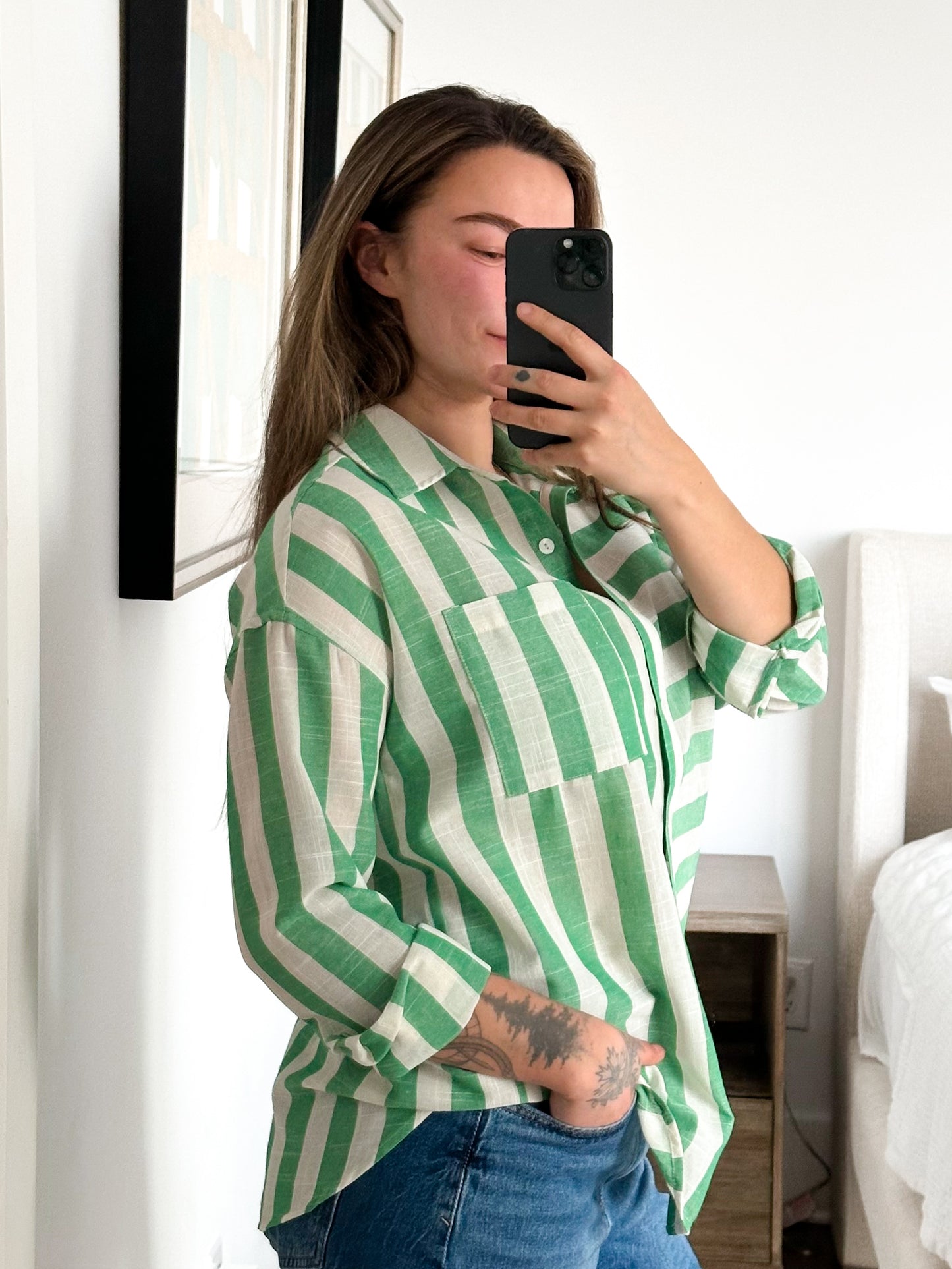 Striped Long Sleeve Button Down Collared Top