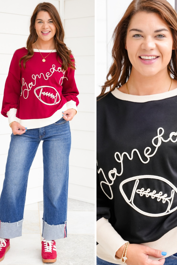 Plus/Reg Long Sleeve Embroidered "Game Day" Pullover Sweatshirt