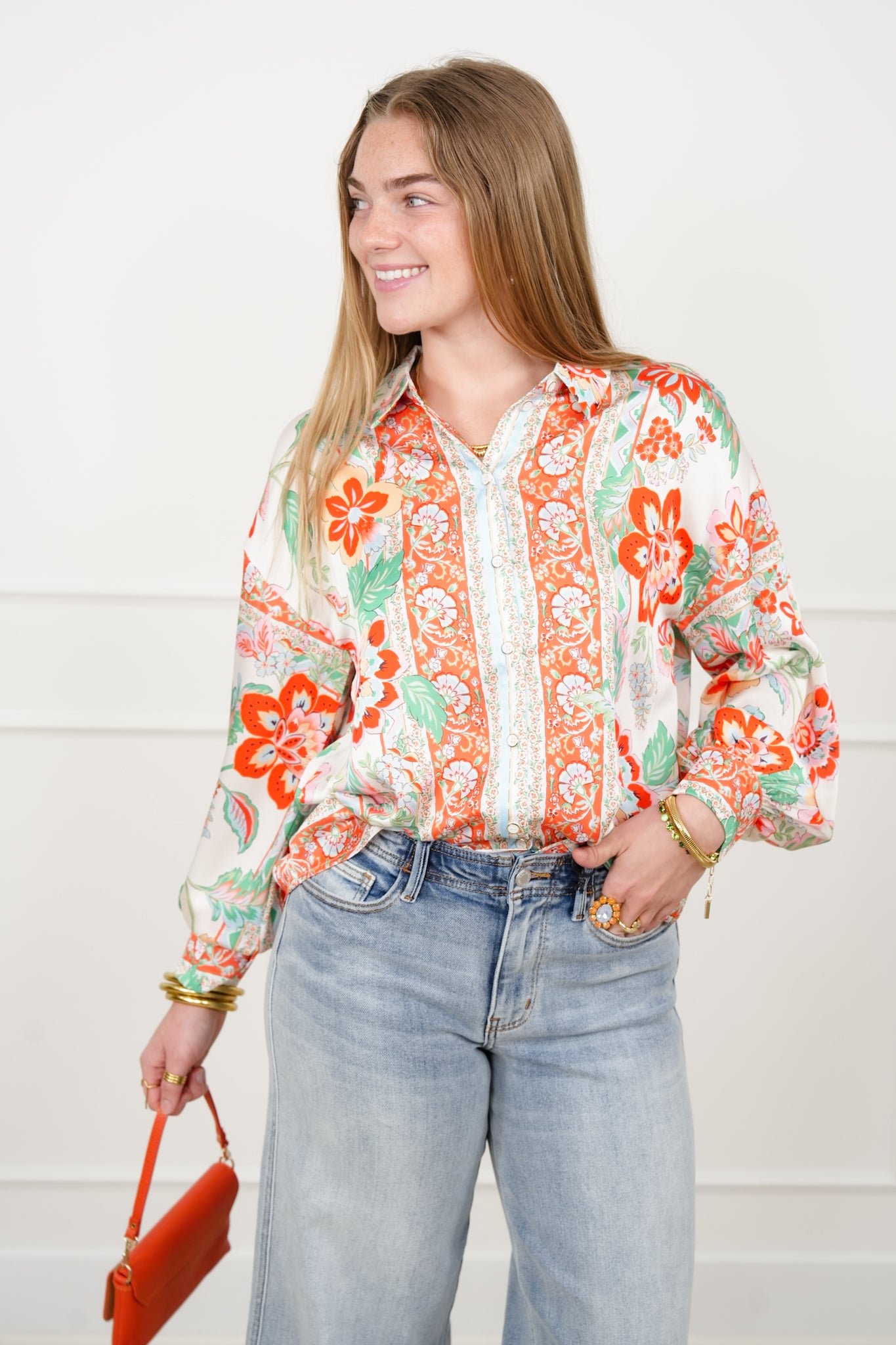 Floral Pattern Long Sleeve Button Up Blouse