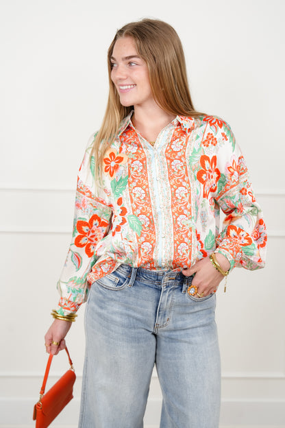 Floral Pattern Long Sleeve Button Up Blouse