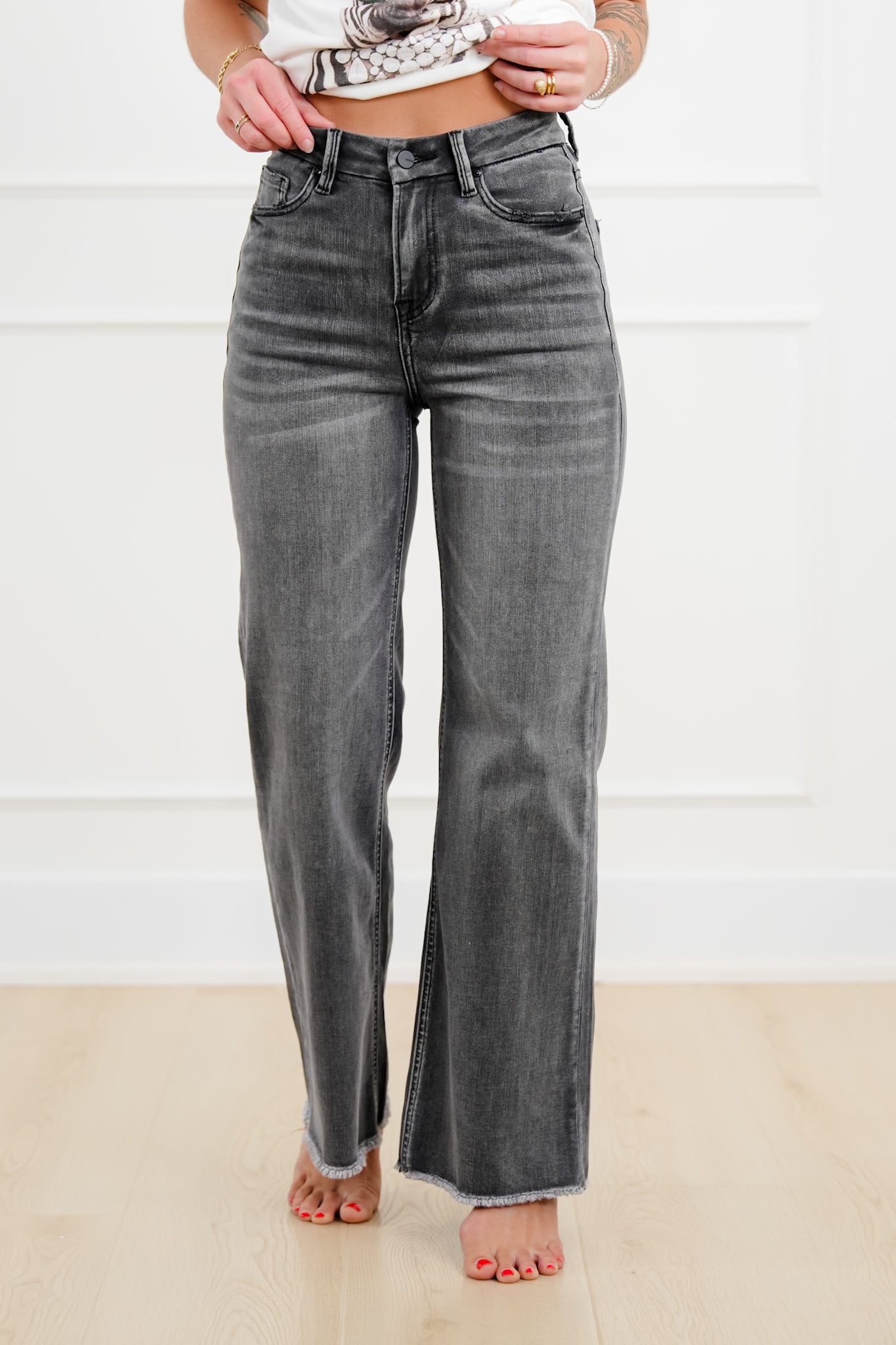 Mica Dancing in the Rain High Rise Grey Wide Leg Jeans