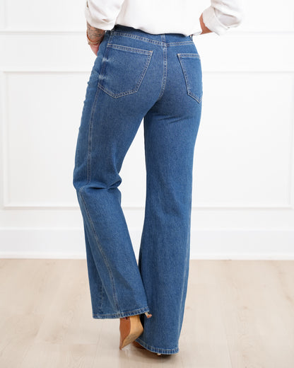 Mica High Rise Dark Wash Tummy Control Side Panel Wide Leg Jeans