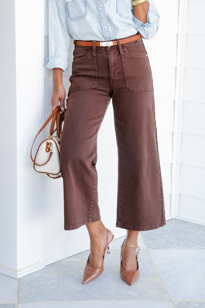 Judy Blue Mid Rise Brown Wide Leg Cropped Jeans with Utility Pockets