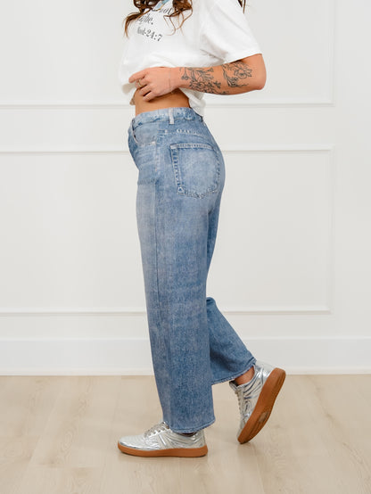 Medium Wash High Rise Straight Leg French Terry Jeans