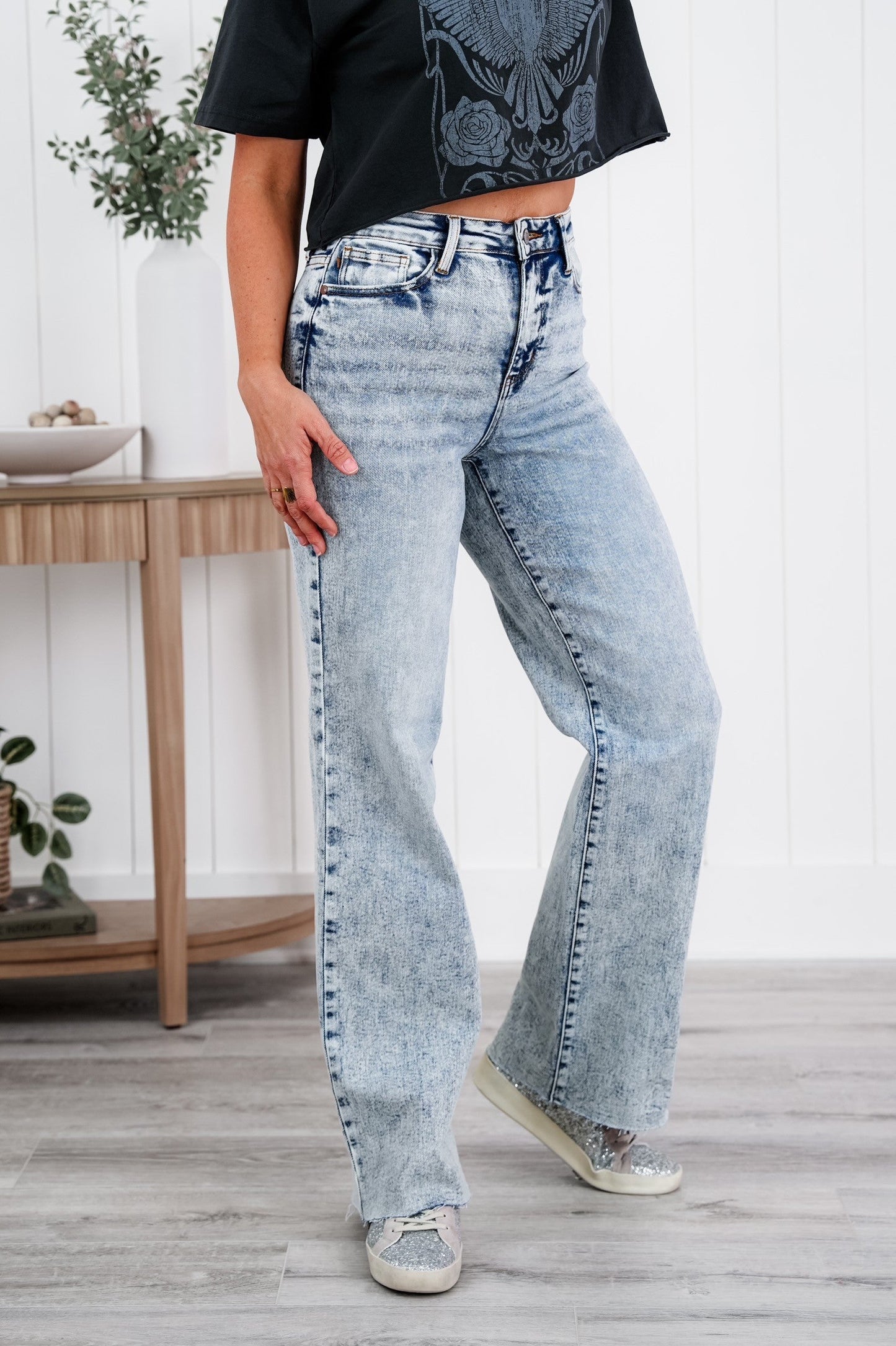 Judy Blue  Bad Blood High Rise Light Mineral Wash Raw Hem Wide Leg Jeans