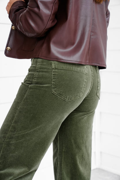 Risen High Rise Green Wide Leg Corduroy Pants with Patch Pockets