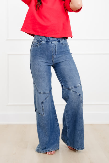 Plus/Reg Saige High Rise Medium Wash Pull On Star Wide Leg Knit Jeans