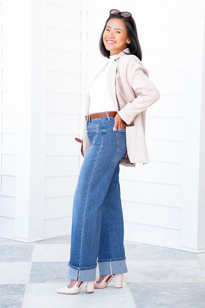 Risen High Rise Medium Wash Wide Leg Cuffed Front Patch Pocket Jeans with Elastic Waistband