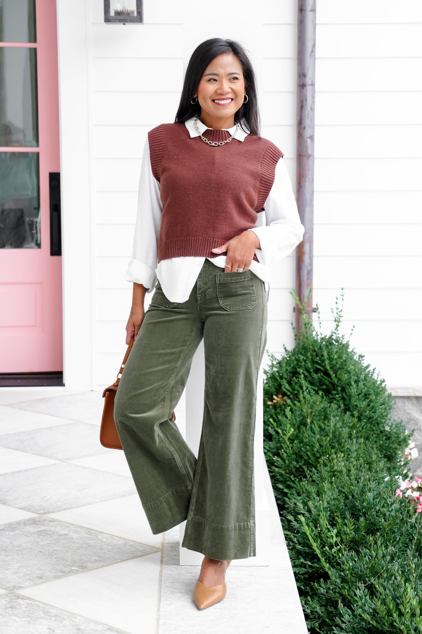 Risen High Rise Green Wide Leg Corduroy Pants with Patch Pockets