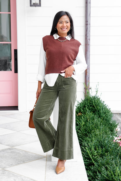 Risen High Rise Green Wide Leg Corduroy Pants with Patch Pockets