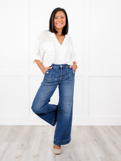 Risen High Rise Dark Wash Ankle Wide Leg Patch Front Pocket Jeans