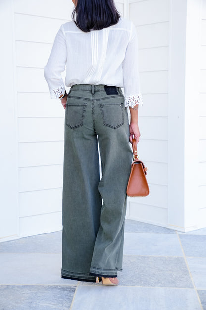 Mica High Rise Green Vintage Wash Wide Leg Jeans