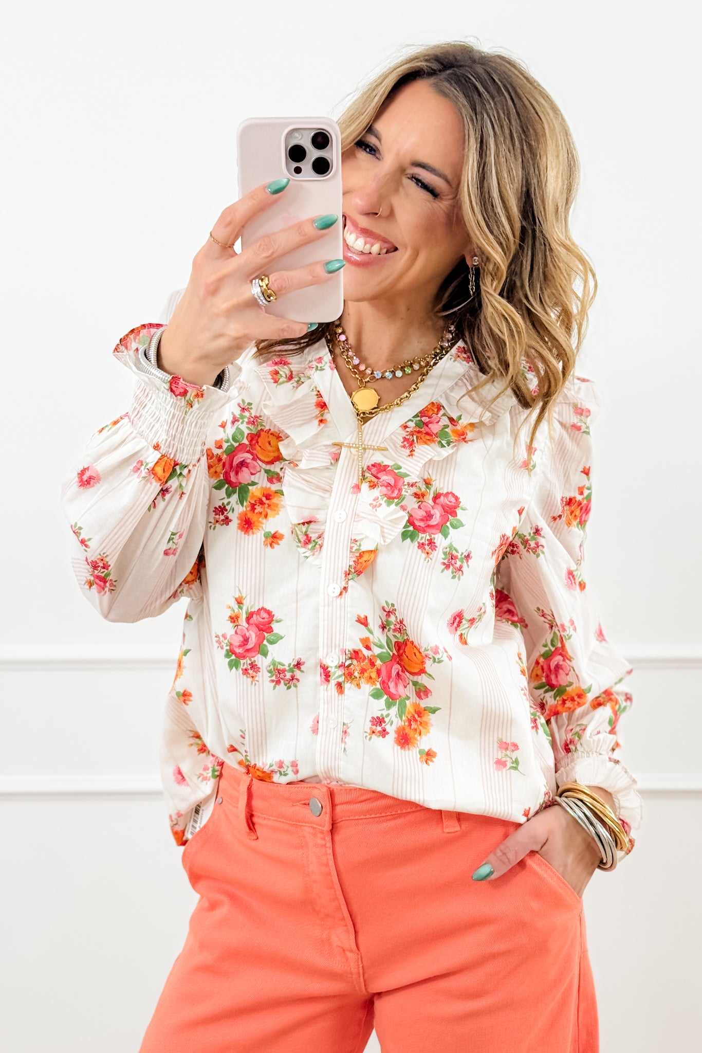 Floral & Stripe Print Long Sleeve Button Up Blouse