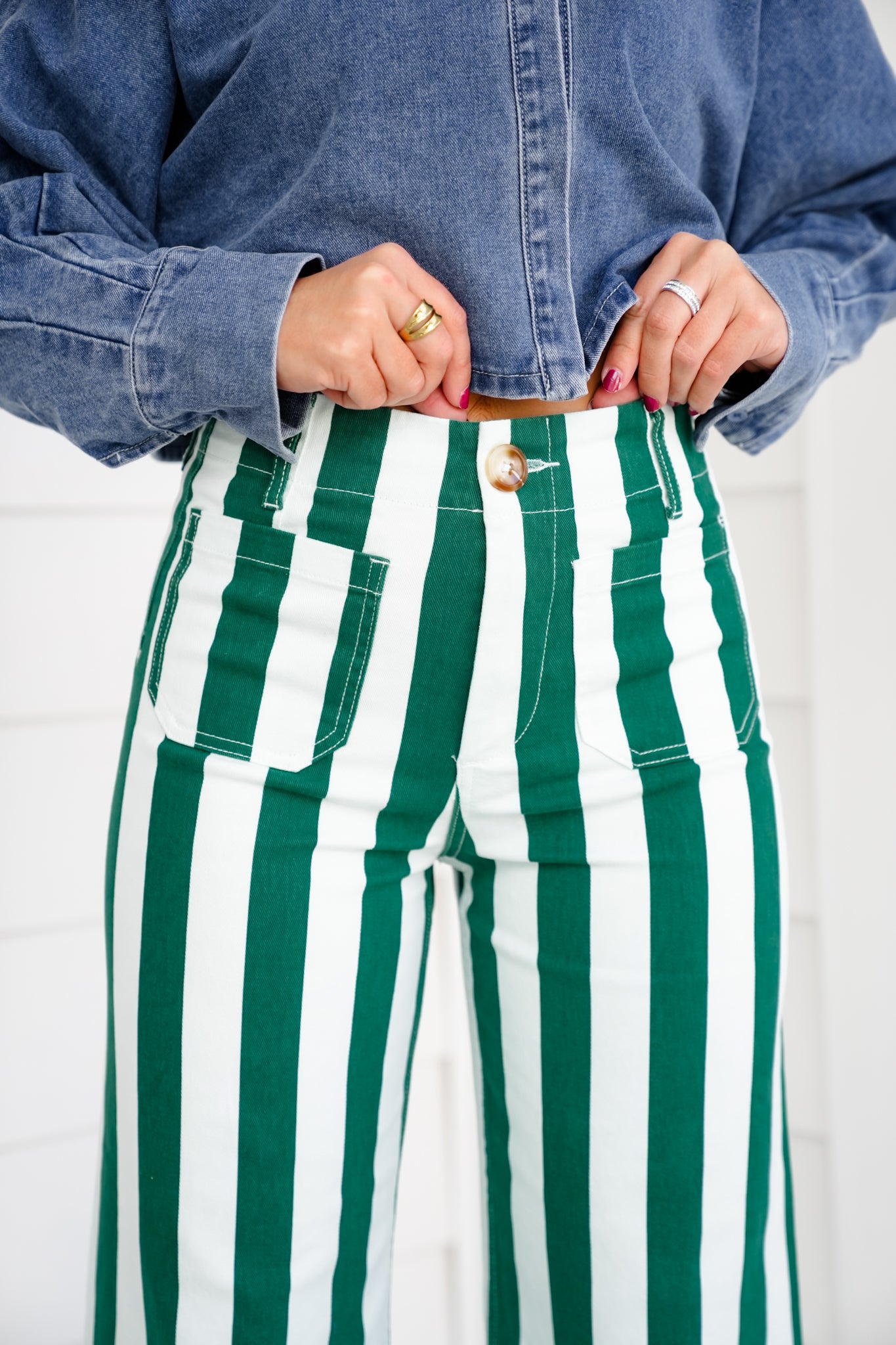 Mica High Rise Green and White Striped Cropped Wide Leg Jeans