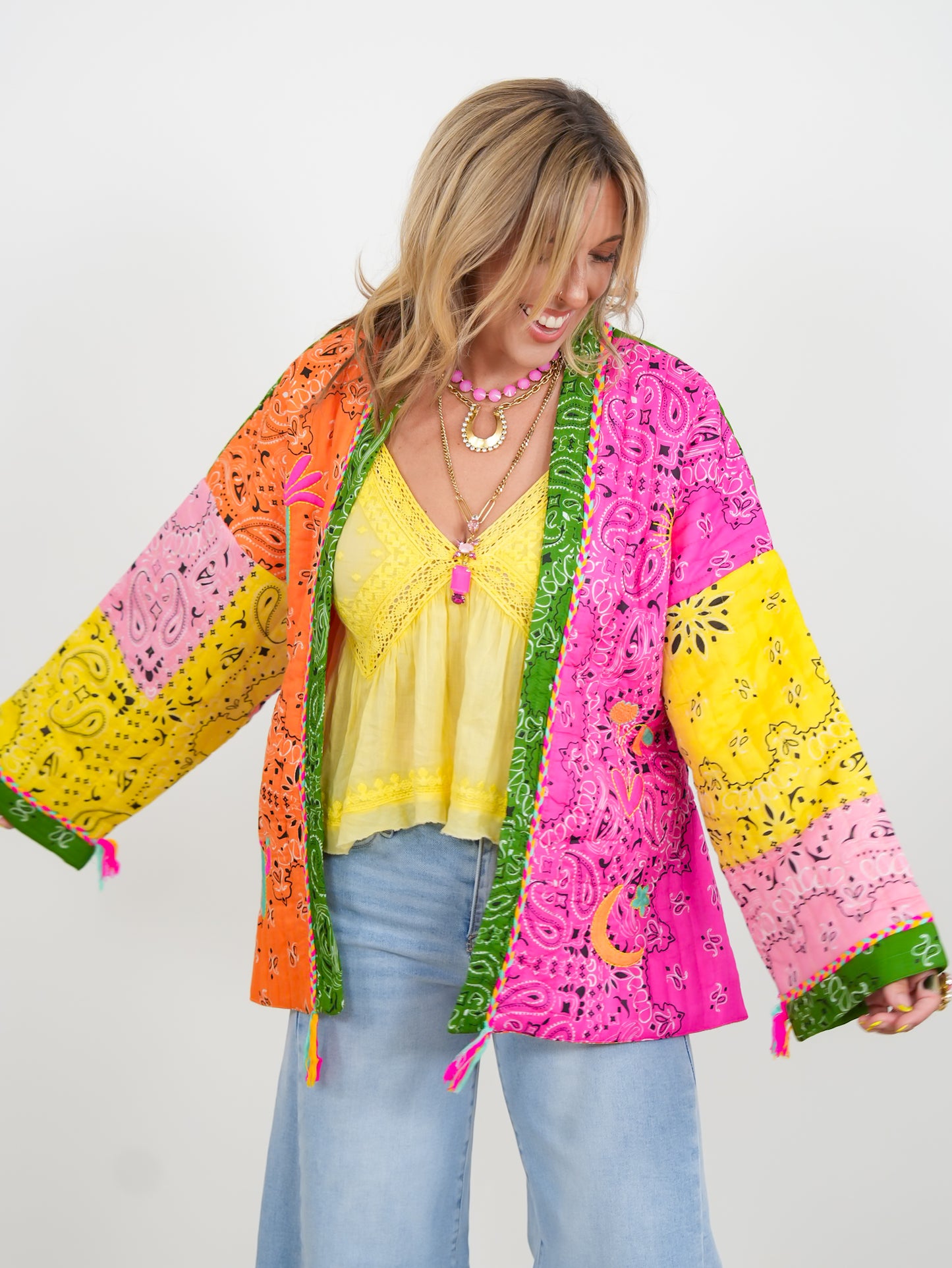 POL Quilted Patchwork Print Long Sleeve Kimono Jacket