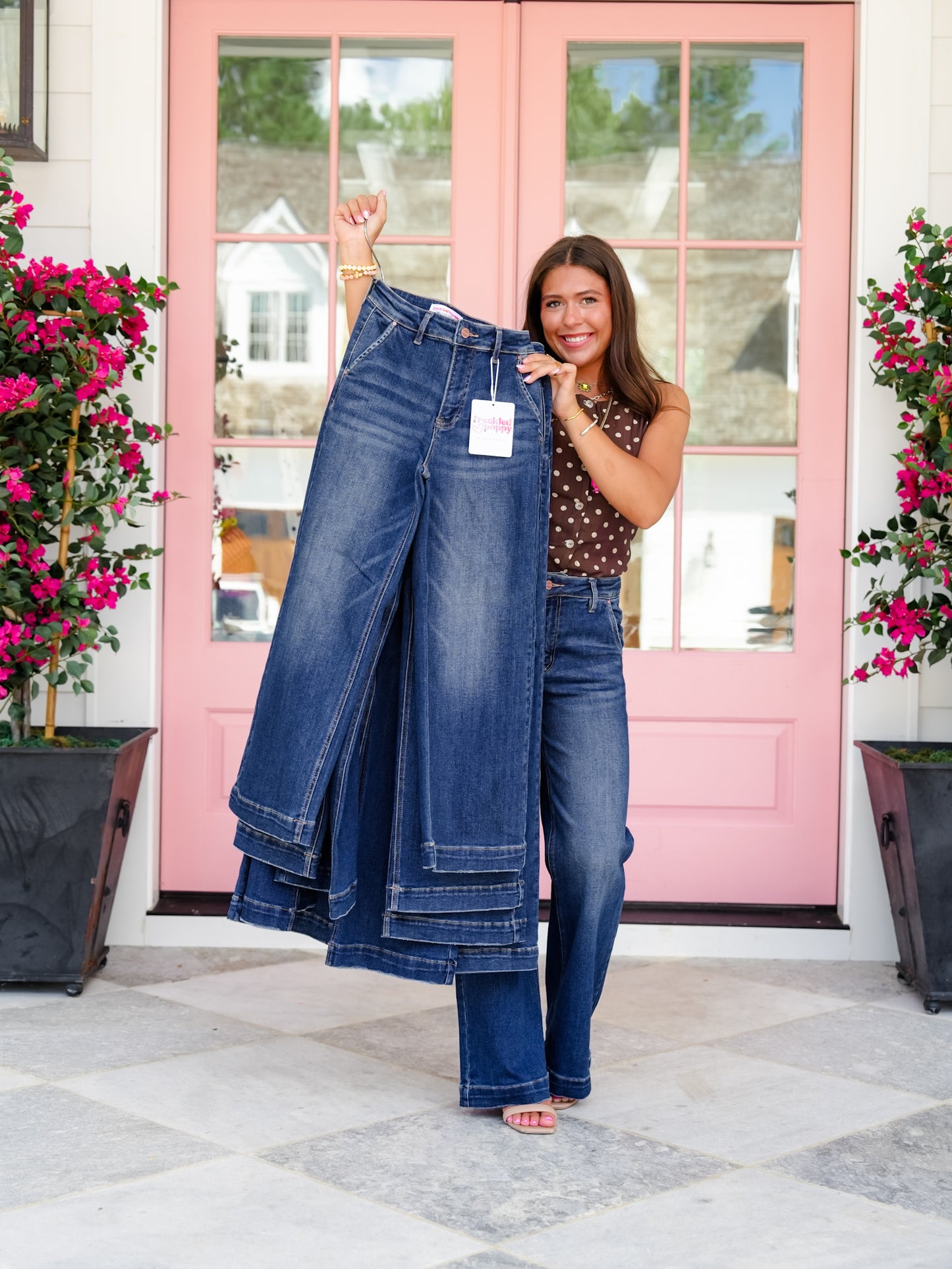 Risen High Rise Dark Wash Multiple Inseam Wide Leg Jeans With Slanted Pockets