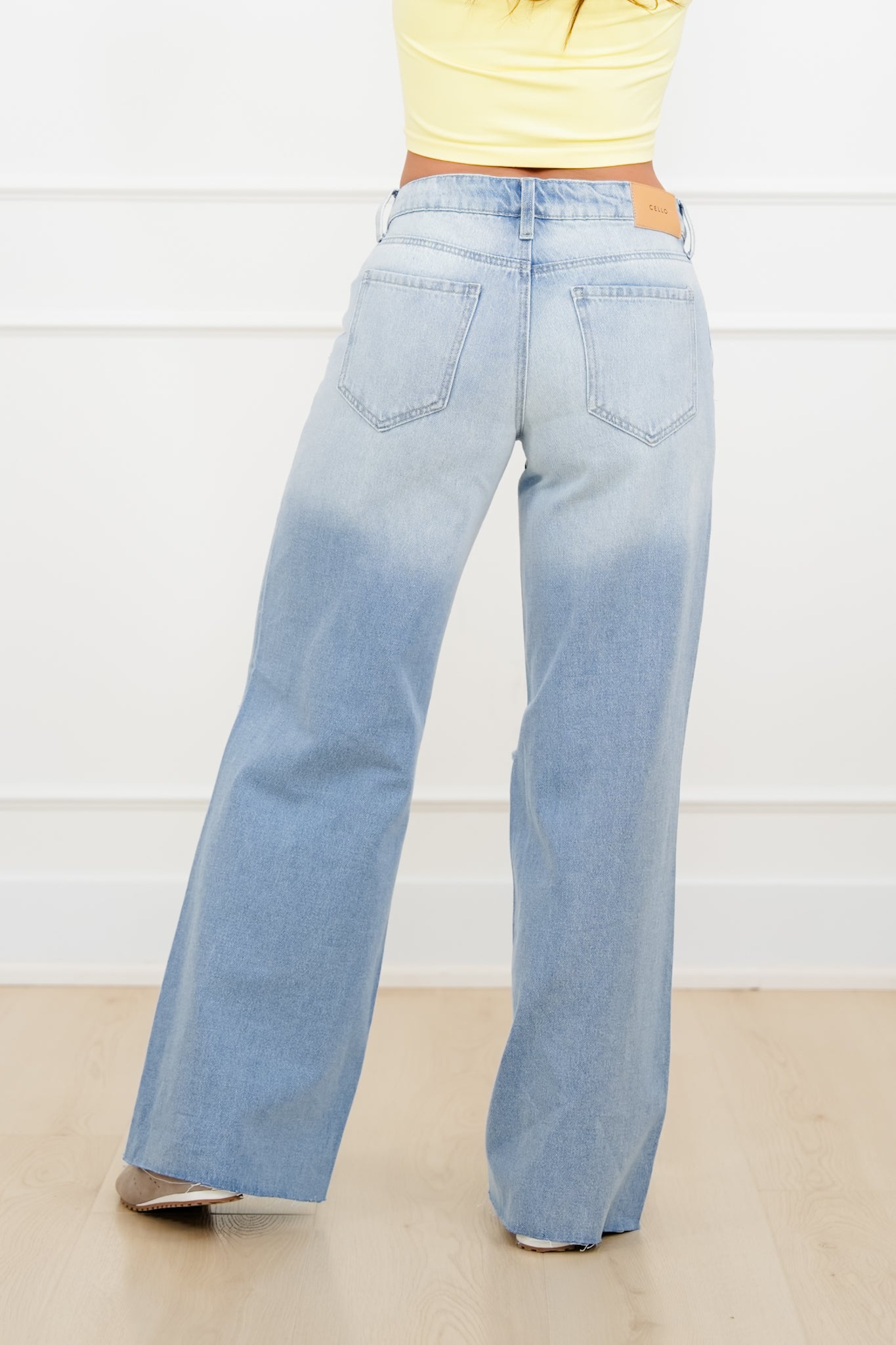 Cello Low Rise Light Wash Distressed Wide Leg Jeans