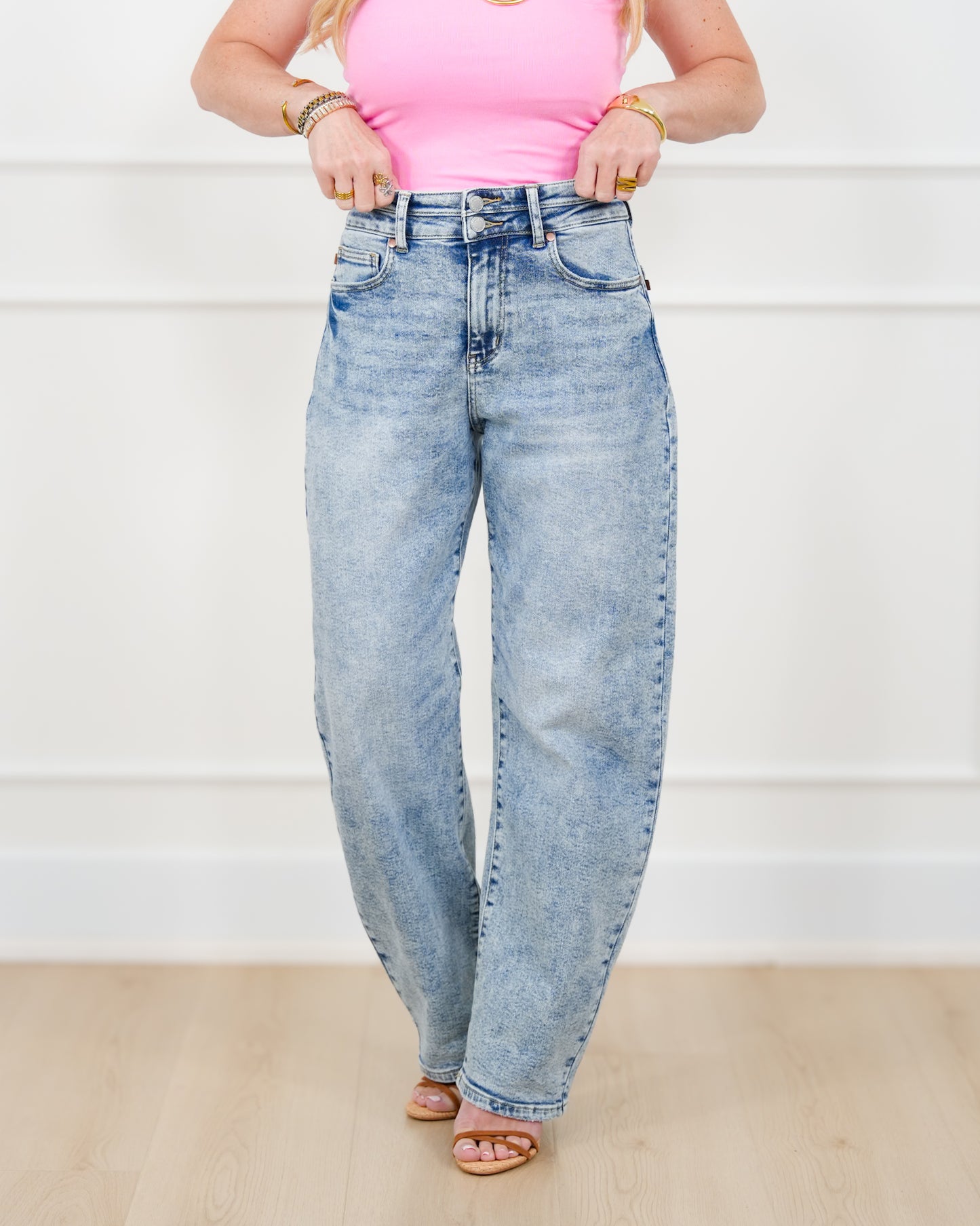 Judy Blue High Rise Light Wash Double Waist Band Marlow Arc Leg