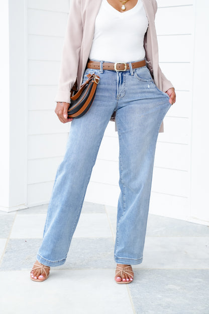 Risen Mid Rise Light Wash Tummy Control Elastic Waistband Wide Leg Jeans