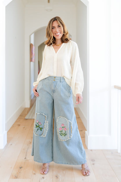 POL Stripe Wide Leg Pants with Floral Embroidery Patches