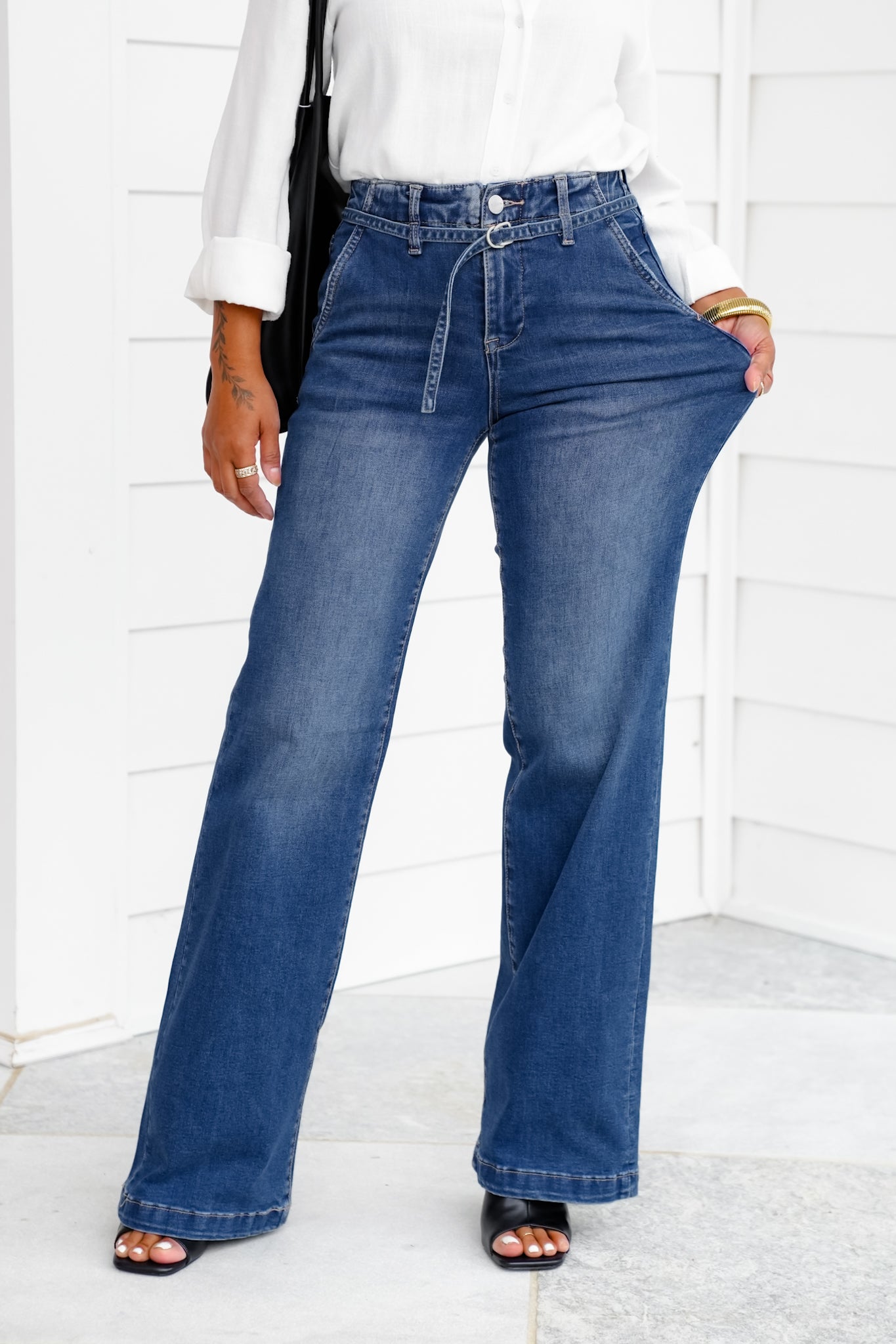 Risen High Rise Dark Wash Wide Leg Jeans with Belt