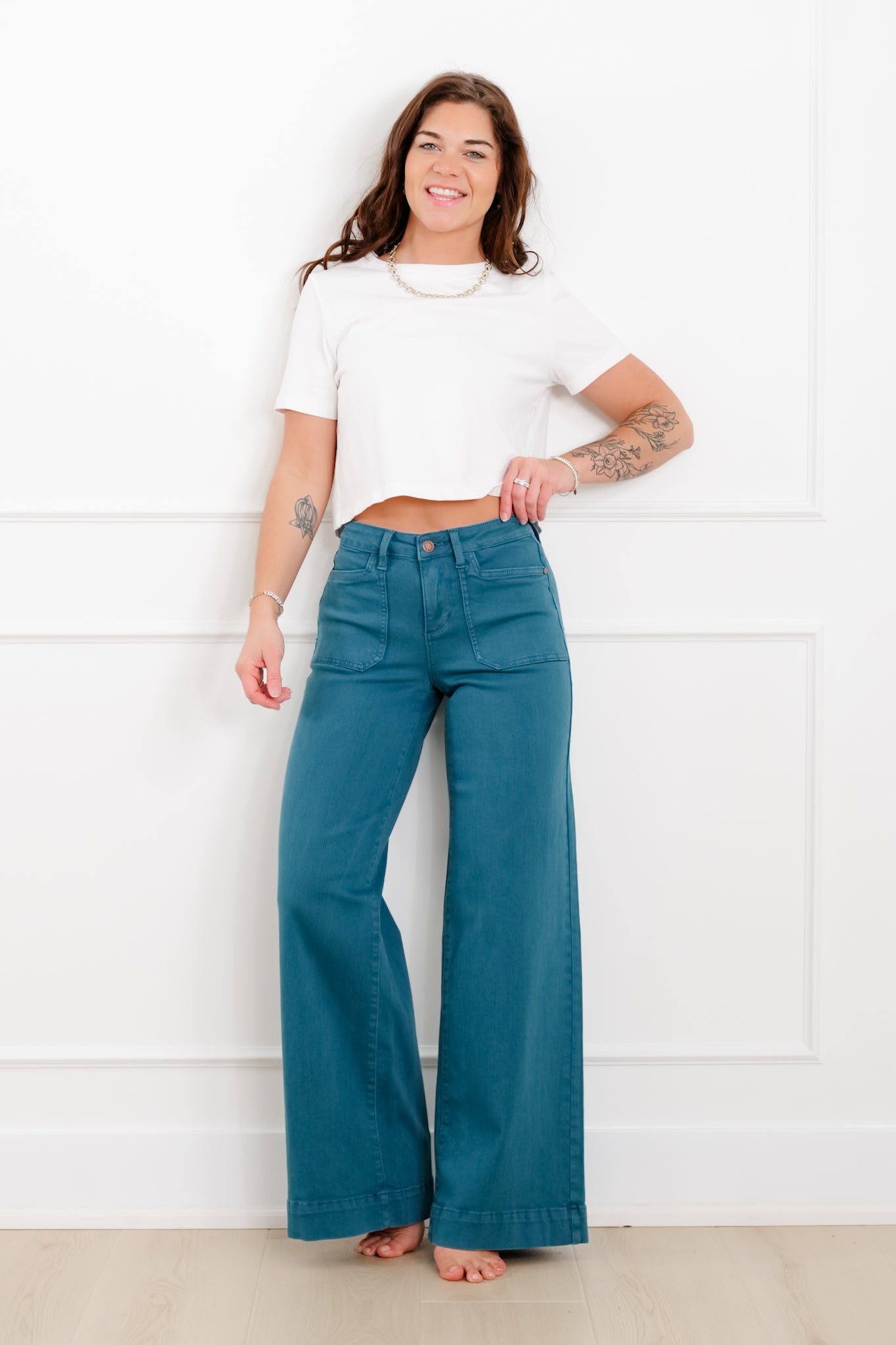 Judy Blue Mid Rise Teal Utility Pocket Wide Leg Jeans