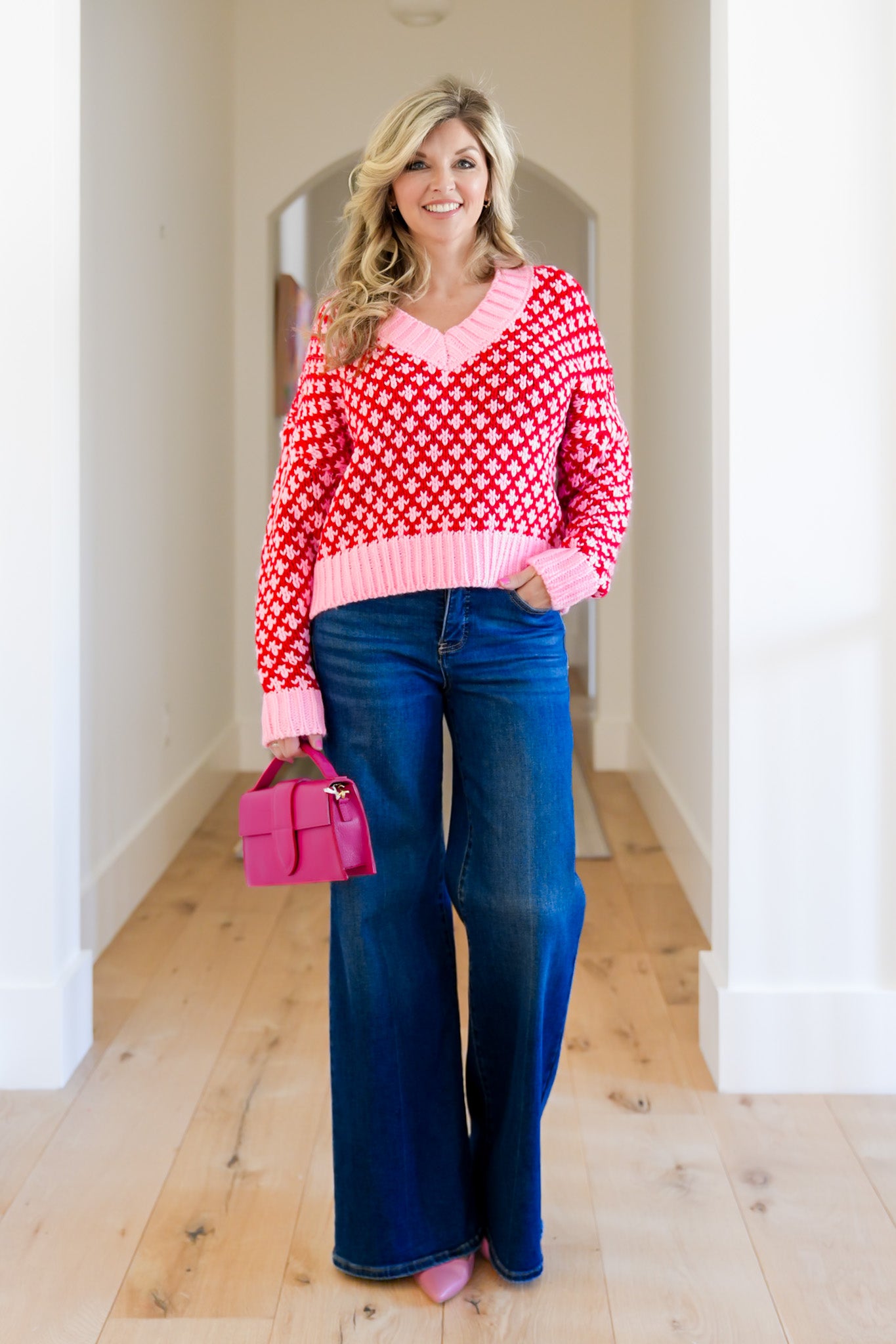 Textured Knit Long Sleeve V Neck Sweater