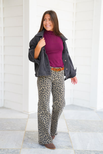 Risen Mid Rise Leopard Wide Leg Jeans