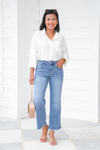 Lovervet High Rise Medium Wash Cropped Slim Wide Leg Jeans