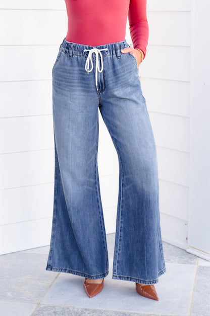 Judy Blue High Rise Dark Wash Elastic Waistband Featherweight Palazzo Jeans