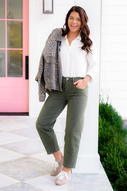 Mica High Rise Green Ankle Straight Leg Barrel Jeans