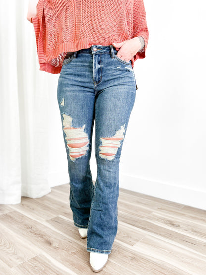 Judy Blue Country Roads Medium Wash Mid Rise Distressed Flare Long Inseam Jeans