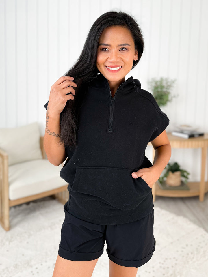 Plus/Reg Mono B 3/4 Zip Cap Sleeve Hooded Top