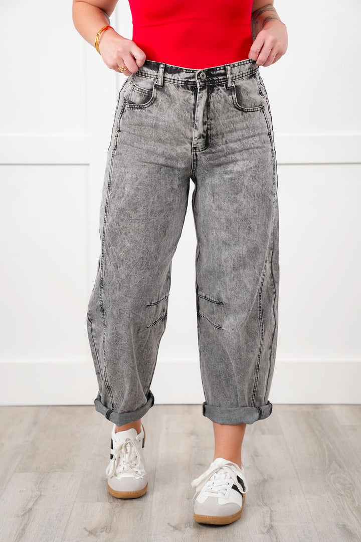 Grey Denim Wide Leg Barrel Jeans