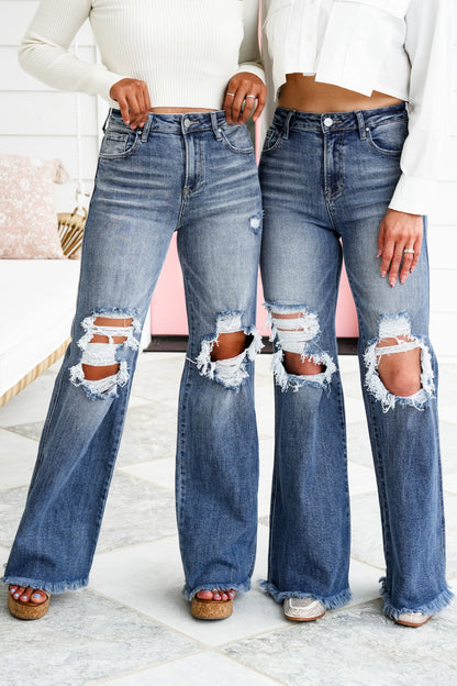 Risen Small Town Distressed Wide Leg Jeans