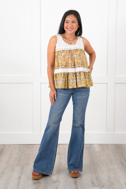 POL Floral Sleeveless Woven Top with Lace Detail